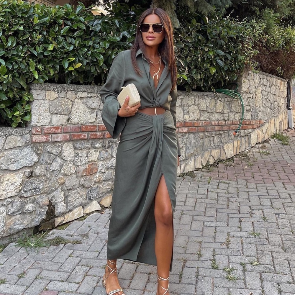 ZARA 2 Piece Linen Top And Knotted Skirt Dark Khaki - Picture 1 of 8